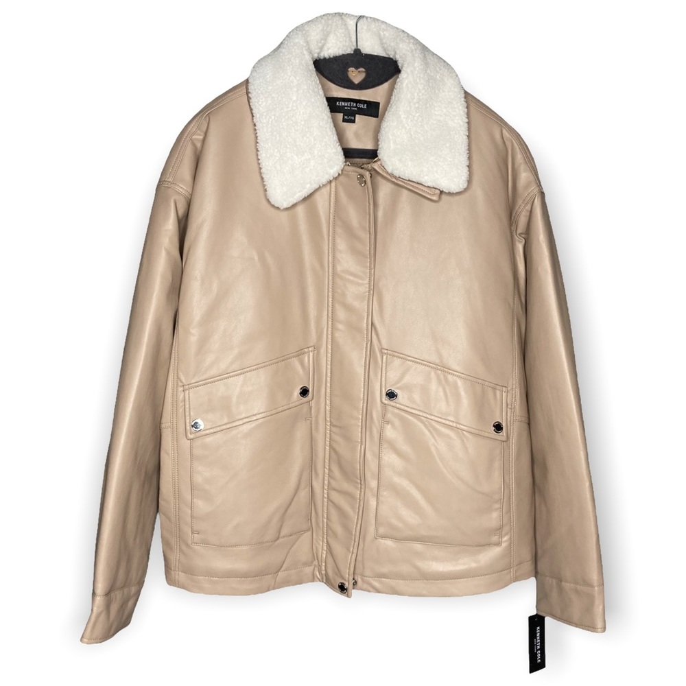 KENNETH COLE XL Faux Leather Faux Shearling Sherpa Bomber Jacket Sand Beige Tan